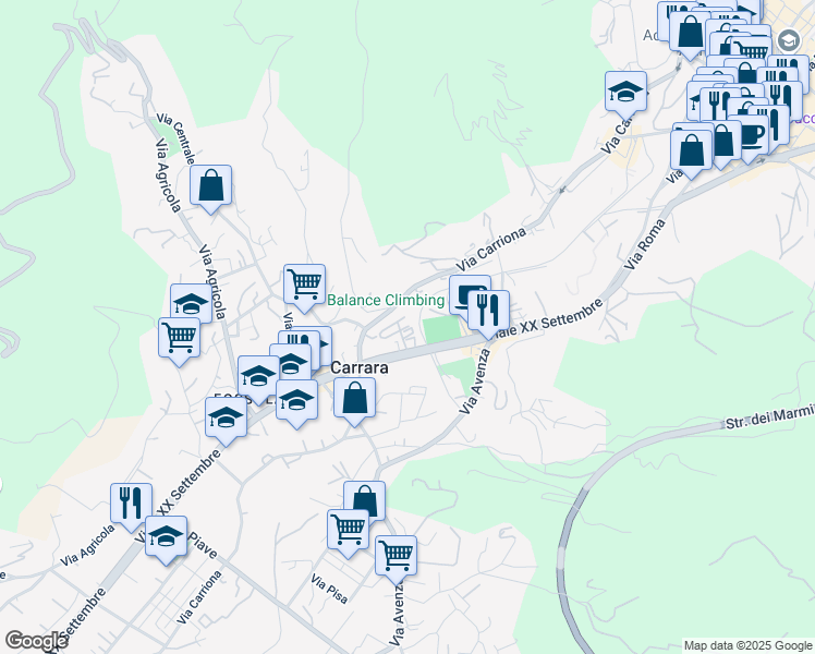 map of restaurants, bars, coffee shops, grocery stores, and more near 194 Strada Comunale Carriona in Carrara