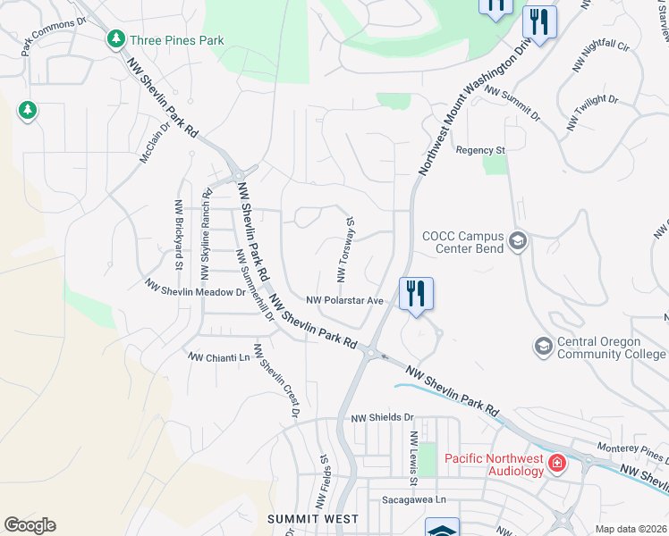 map of restaurants, bars, coffee shops, grocery stores, and more near 2343 Northwest Torsway Street in Bend