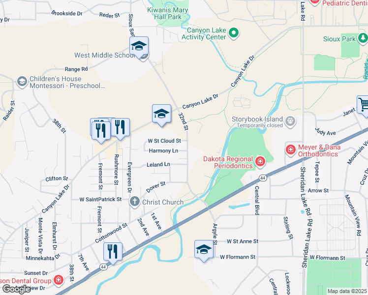 map of restaurants, bars, coffee shops, grocery stores, and more near 3201 West Saint Cloud Street in Rapid City