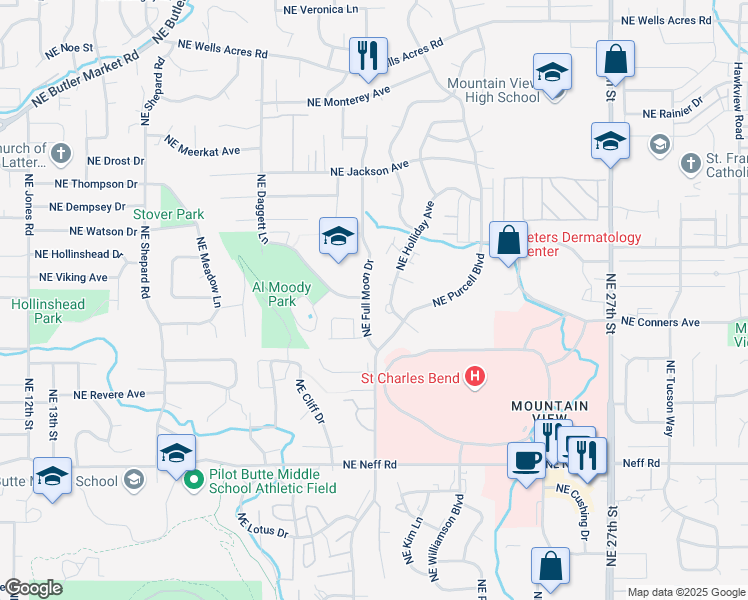 map of restaurants, bars, coffee shops, grocery stores, and more near 2061 Northeast York Circle in Bend