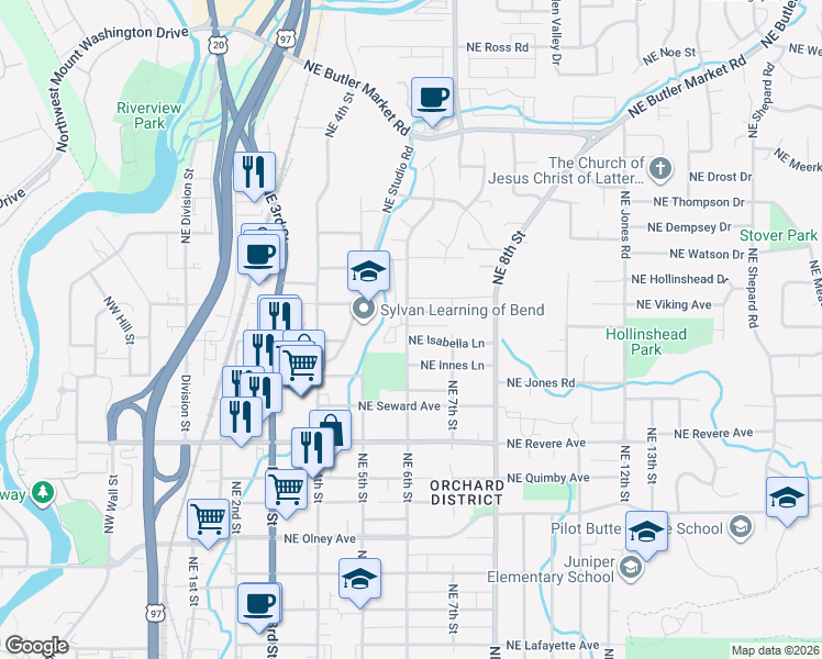 map of restaurants, bars, coffee shops, grocery stores, and more near 23 Northeast 6th Street in Bend