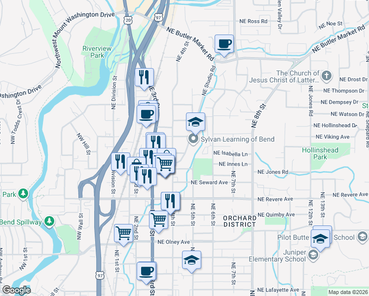 map of restaurants, bars, coffee shops, grocery stores, and more near 2150 Northeast Studio Road in Bend