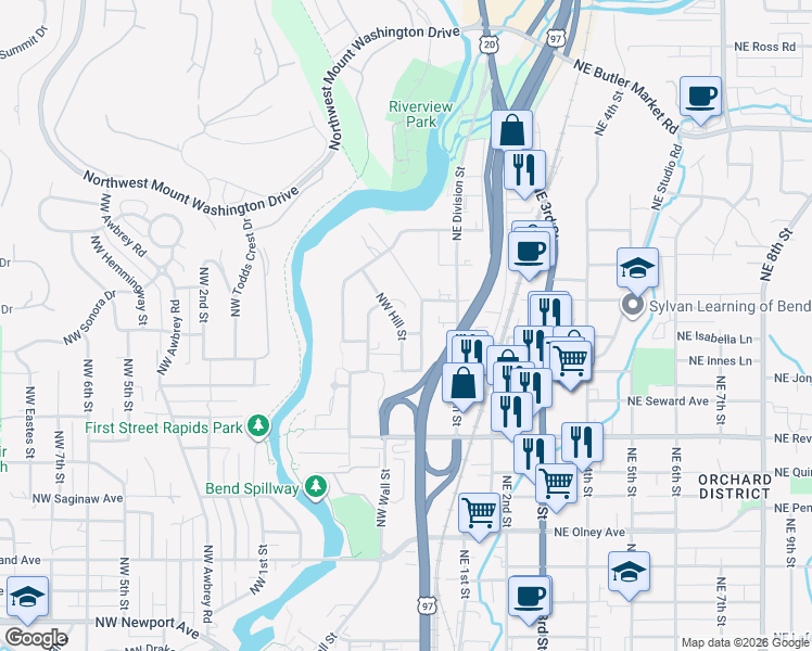 map of restaurants, bars, coffee shops, grocery stores, and more near 2207 Northwest Deschutes Place in Bend