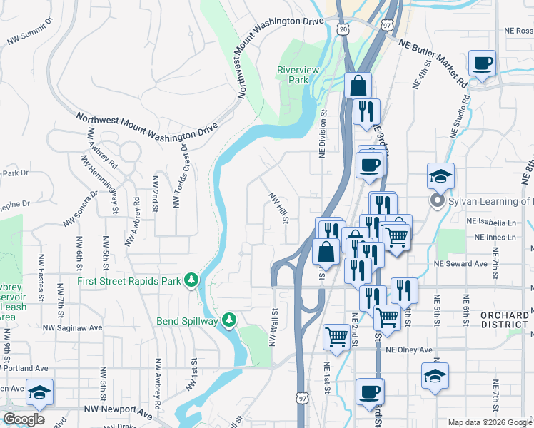 map of restaurants, bars, coffee shops, grocery stores, and more near 2133 Northwest Harriman Street in Bend