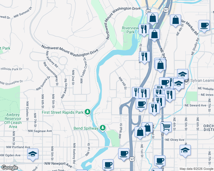 map of restaurants, bars, coffee shops, grocery stores, and more near 2107 Northwest Lakeside Place in Bend
