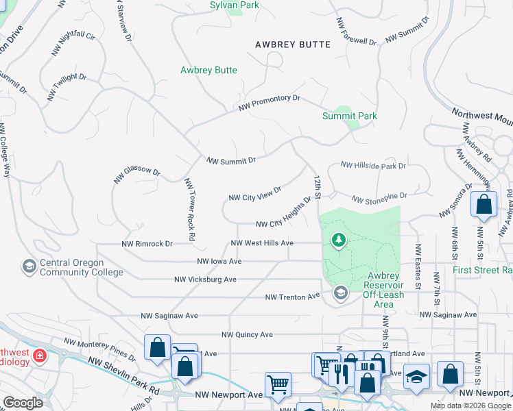 map of restaurants, bars, coffee shops, grocery stores, and more near 1588 Northwest City View Drive in Bend