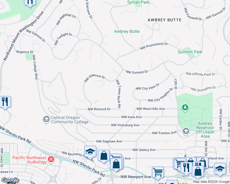 map of restaurants, bars, coffee shops, grocery stores, and more near 1821 Northwest Glassow Drive in Bend