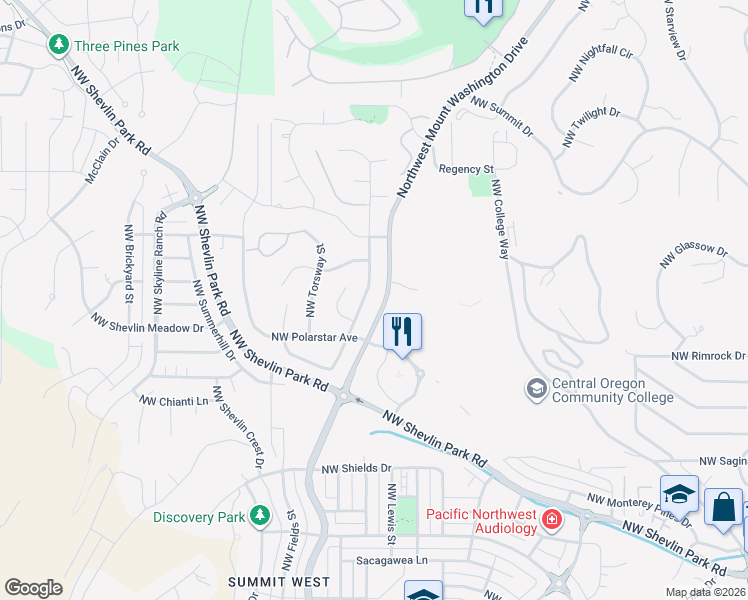 map of restaurants, bars, coffee shops, grocery stores, and more near 2365 Northwest Marken Street in Bend