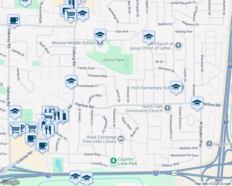 map of restaurants, bars, coffee shops, grocery stores, and more near 865 Classic Place in Eugene