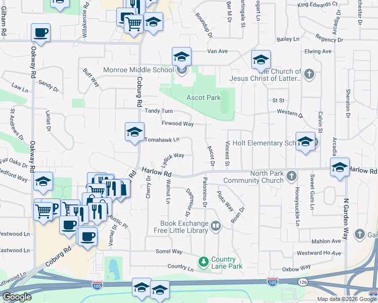 map of restaurants, bars, coffee shops, grocery stores, and more near 2856 Tomahawk Lane in Eugene