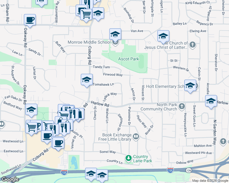 map of restaurants, bars, coffee shops, grocery stores, and more near 2856 Tomahawk Lane in Eugene
