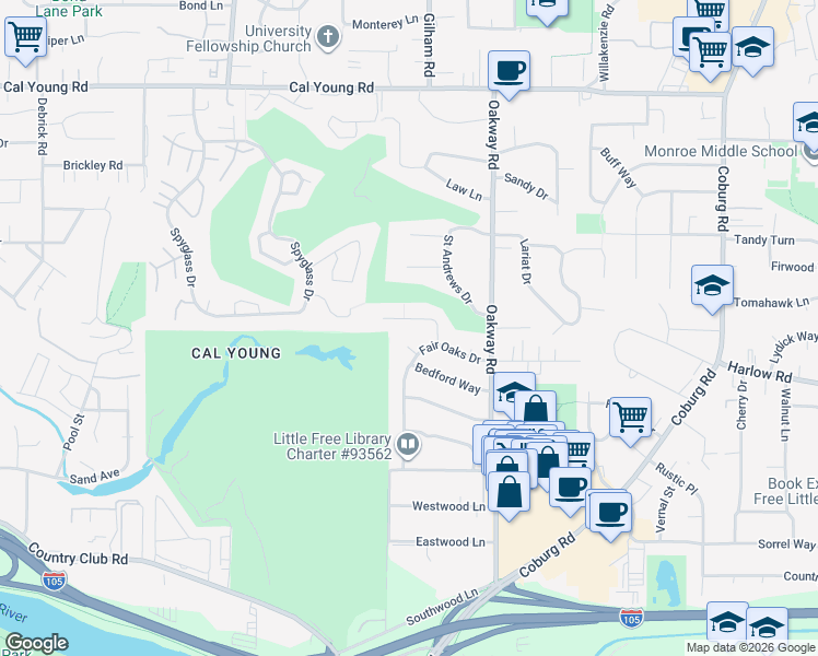 map of restaurants, bars, coffee shops, grocery stores, and more near 2135 Greenview Street in Eugene