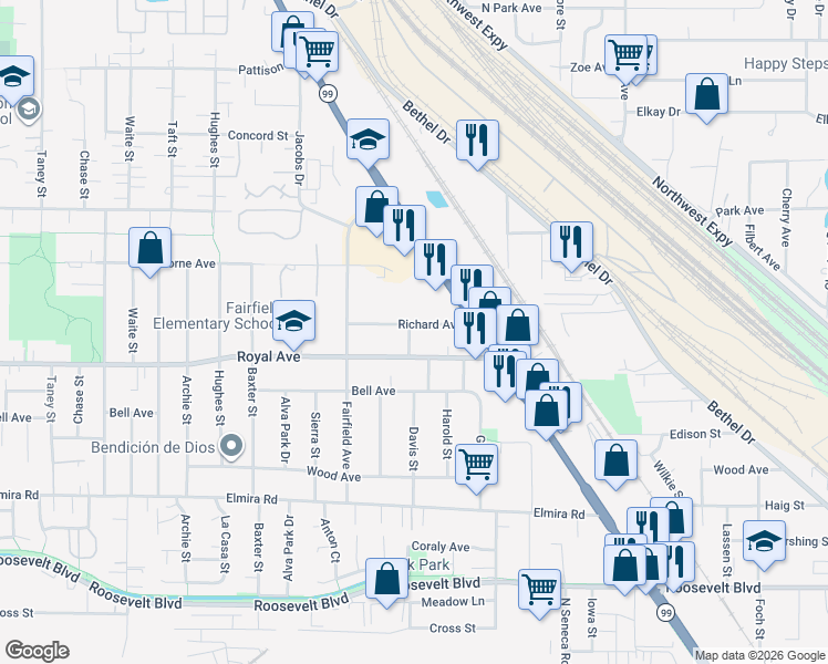 map of restaurants, bars, coffee shops, grocery stores, and more near 3169 Richard Avenue in Eugene