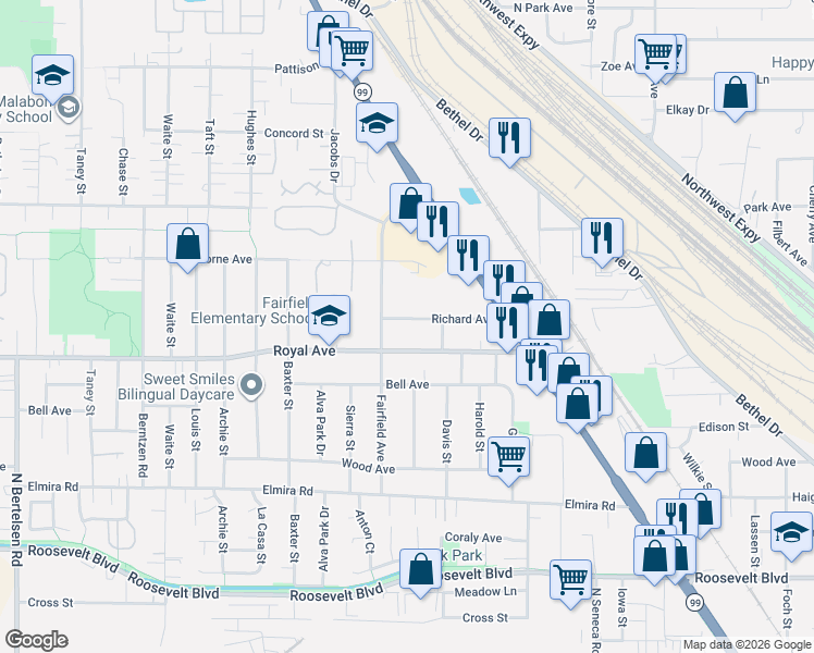 map of restaurants, bars, coffee shops, grocery stores, and more near 3339 Richard Avenue in Eugene