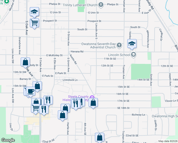 map of restaurants, bars, coffee shops, grocery stores, and more near 90 Oakview Place in Owatonna
