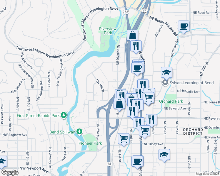 map of restaurants, bars, coffee shops, grocery stores, and more near 2118 Northwest Deschutes Place in Bend