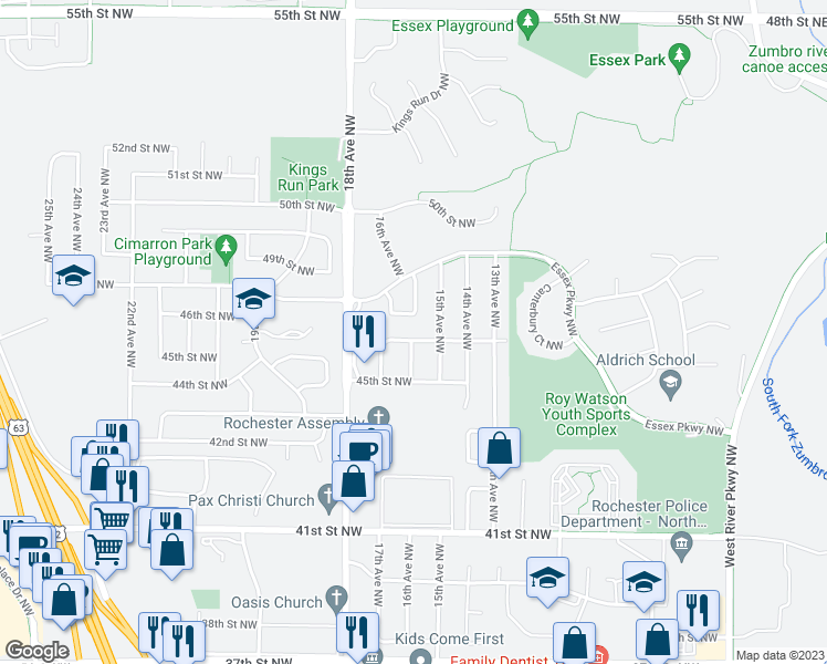map of restaurants, bars, coffee shops, grocery stores, and more near 4751 Harvest Court Northwest in Rochester