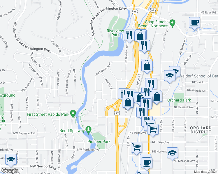 map of restaurants, bars, coffee shops, grocery stores, and more near 2113 Northwest Hill Street in Bend