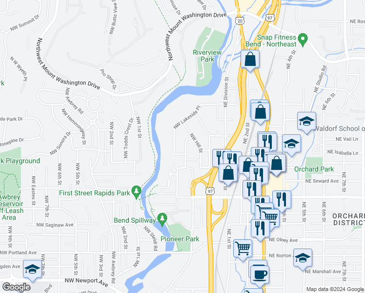 map of restaurants, bars, coffee shops, grocery stores, and more near 2089 Northwest Harriman Street in Bend