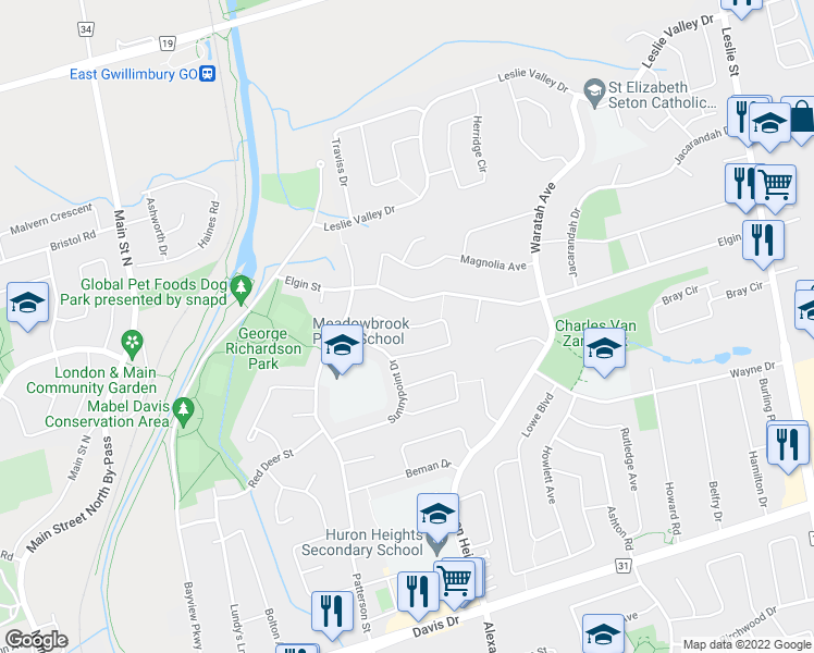 map of restaurants, bars, coffee shops, grocery stores, and more near Greenfield Crescent in Newmarket