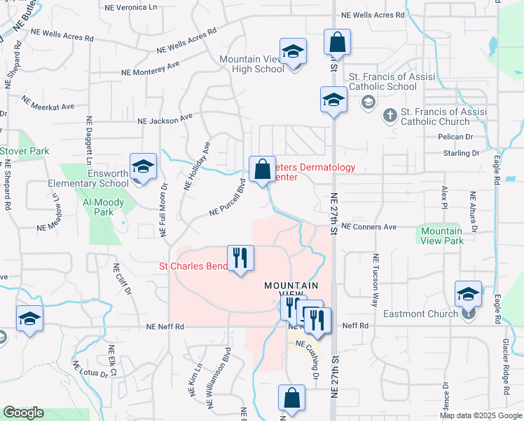 map of restaurants, bars, coffee shops, grocery stores, and more near 2365 Northeast Conners Avenue in Bend