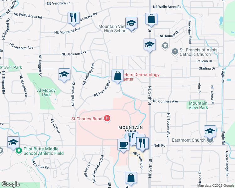 map of restaurants, bars, coffee shops, grocery stores, and more near 2365 Northeast Conners Avenue in Bend