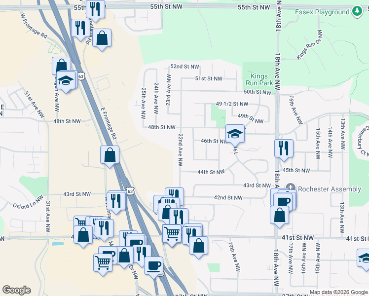 map of restaurants, bars, coffee shops, grocery stores, and more near 4619 22nd Avenue Northwest in Rochester