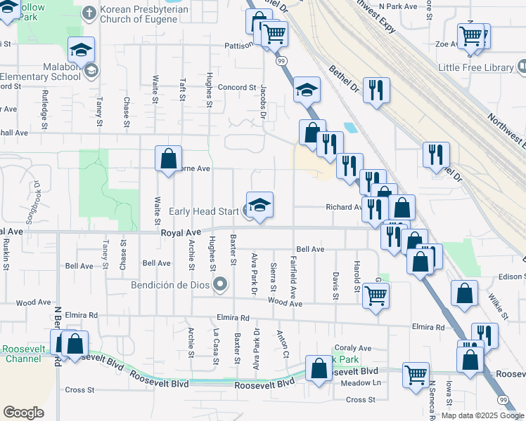 map of restaurants, bars, coffee shops, grocery stores, and more near 3455 Royal Avenue in Eugene