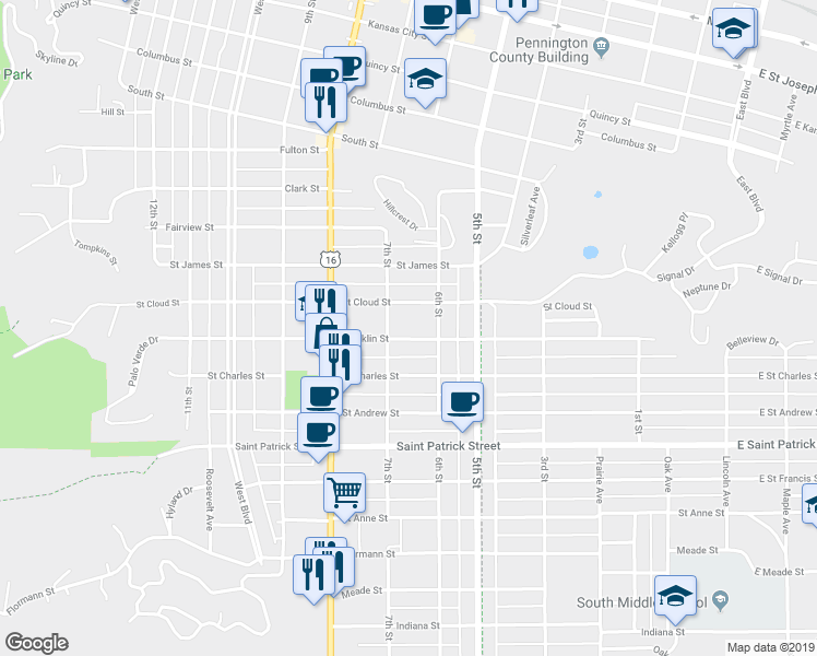 map of restaurants, bars, coffee shops, grocery stores, and more near 622 Franklin Street in Rapid City