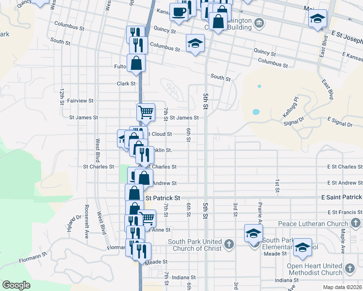 map of restaurants, bars, coffee shops, grocery stores, and more near 607 Saint Cloud Street in Rapid City