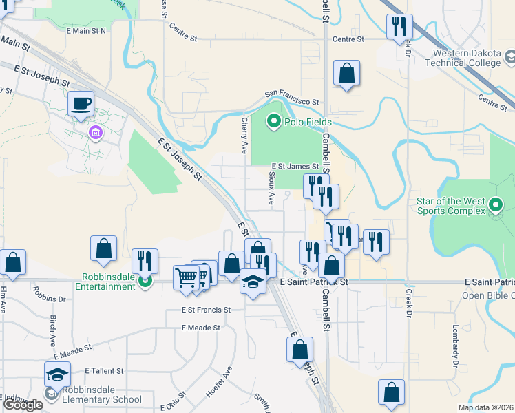 map of restaurants, bars, coffee shops, grocery stores, and more near 1503 Sioux Avenue in Rapid City