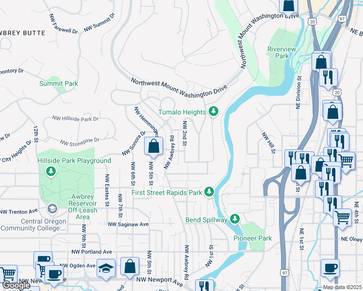 map of restaurants, bars, coffee shops, grocery stores, and more near 2407 Northwest 2nd Street in Bend