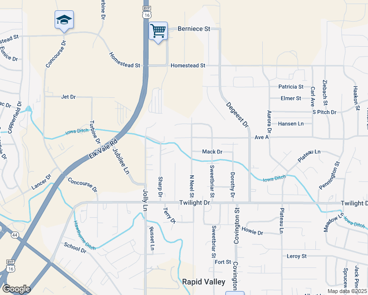 map of restaurants, bars, coffee shops, grocery stores, and more near 4133-4183 Avenue A in Rapid City