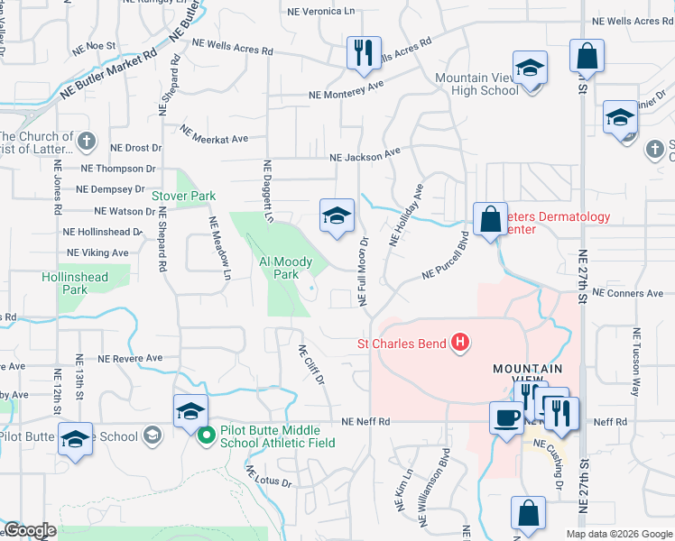 map of restaurants, bars, coffee shops, grocery stores, and more near 2150 Northeast Daggett Lane in Bend