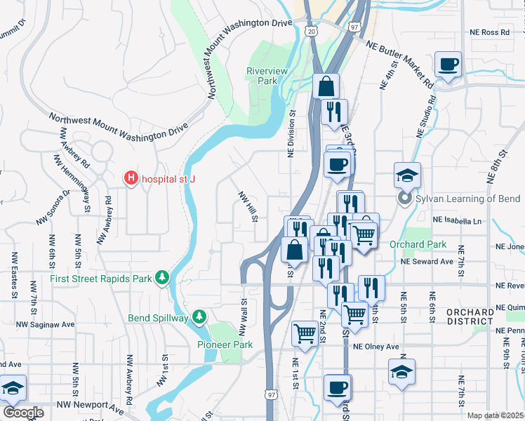 map of restaurants, bars, coffee shops, grocery stores, and more near 2207 Northwest Deschutes Place in Bend