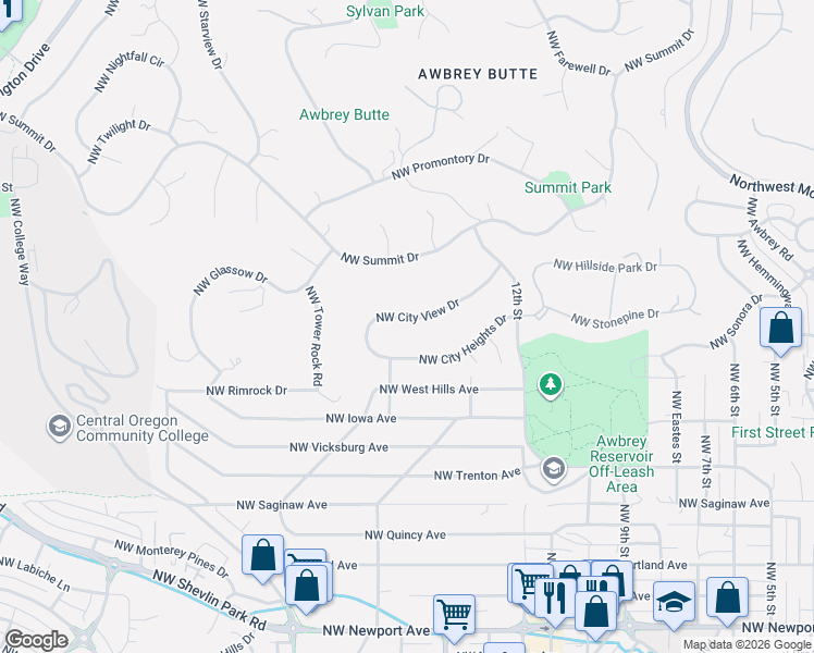 map of restaurants, bars, coffee shops, grocery stores, and more near 1588 Northwest City View Drive in Bend