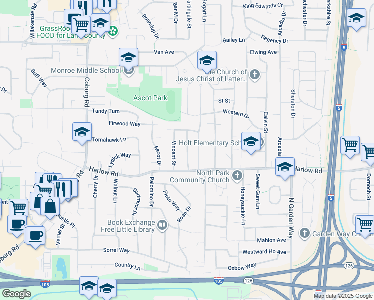 map of restaurants, bars, coffee shops, grocery stores, and more near 859 Vincent Street in Eugene