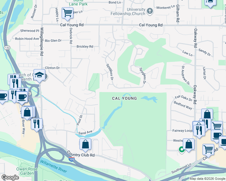map of restaurants, bars, coffee shops, grocery stores, and more near 588 Spyglass Drive in Eugene