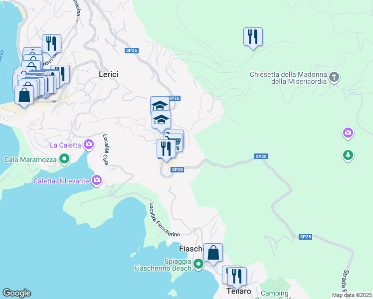 map of restaurants, bars, coffee shops, grocery stores, and more near 56 Via Giuseppe Garibaldi in Lerici