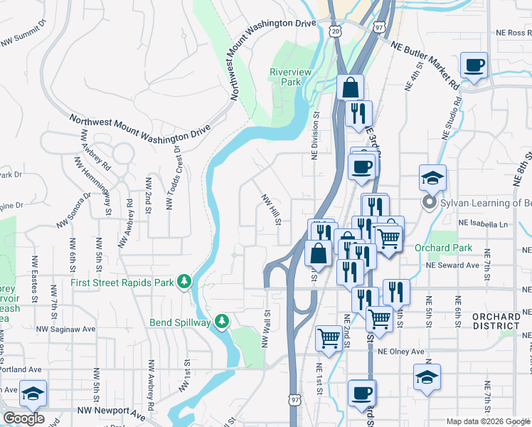 map of restaurants, bars, coffee shops, grocery stores, and more near 2133 Northwest Harriman Street in Bend