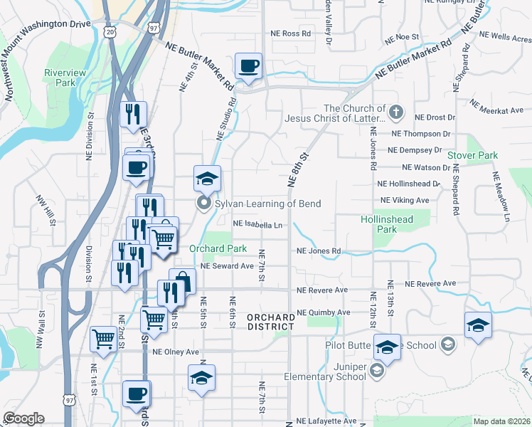 map of restaurants, bars, coffee shops, grocery stores, and more near 732 Northeast Vail Lane in Bend