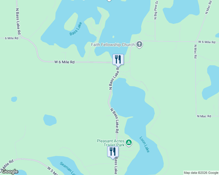 map of restaurants, bars, coffee shops, grocery stores, and more near 5665 North Bass Lake Road in Irons