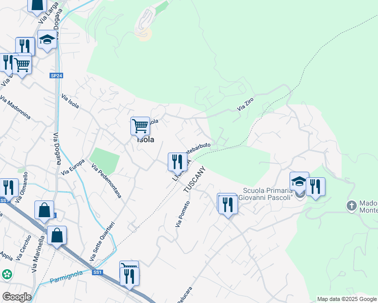 map of restaurants, bars, coffee shops, grocery stores, and more near 19 Via Montebarbuto in Isola