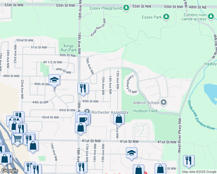 map of restaurants, bars, coffee shops, grocery stores, and more near 4630 14th Avenue Northwest in Rochester
