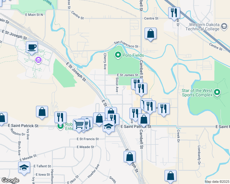 map of restaurants, bars, coffee shops, grocery stores, and more near 1226 East Franklin Street in Rapid City