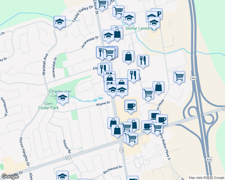 map of restaurants, bars, coffee shops, grocery stores, and more near 17705 Leslie Street in Newmarket