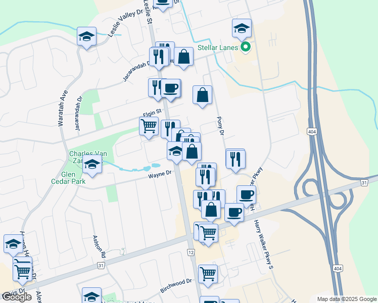 map of restaurants, bars, coffee shops, grocery stores, and more near 17705 A Leslie Street in Newmarket