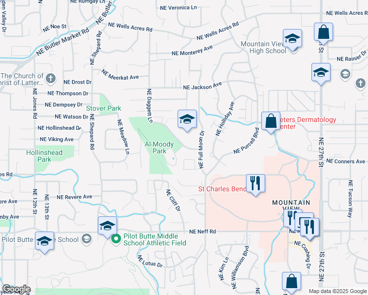 map of restaurants, bars, coffee shops, grocery stores, and more near 2150 Northeast Daggett Lane in Bend