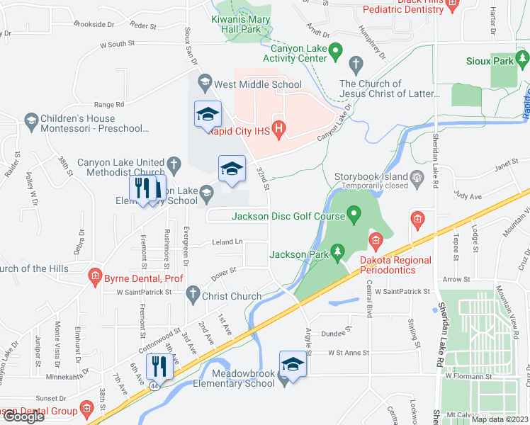 map of restaurants, bars, coffee shops, grocery stores, and more near 3201 West Saint Cloud Street in Rapid City