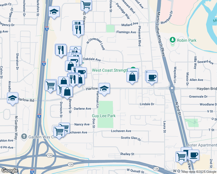 map of restaurants, bars, coffee shops, grocery stores, and more near 650 Harlow Road in Springfield